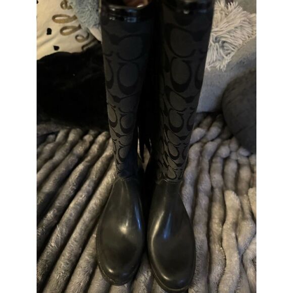 Black coach signature jacuard fabric lace up rain boots/shoes 37/7 - Picture 7 of 9